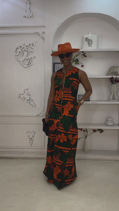 HALIMA AFRICAN PRINT MAXI FRONT ZIP DRESS [ORANGE]