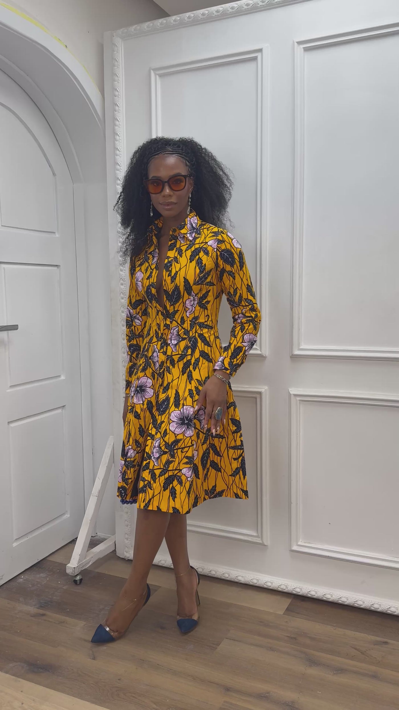 VERA AFRICAN PRINT FLARE SHIRT MIDI DRESS [YELLOW]