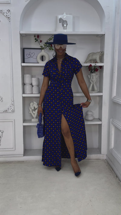 NANNY AFRICAN PRINT MAXI A-LINE SHIRT DRESS [BLUE]