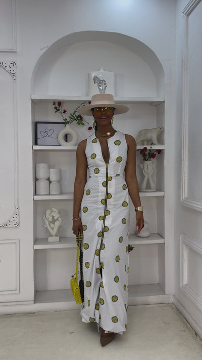 HALIMA AFRICAN PRINT MAXI FRONT ZIP DRESS [WHITE]