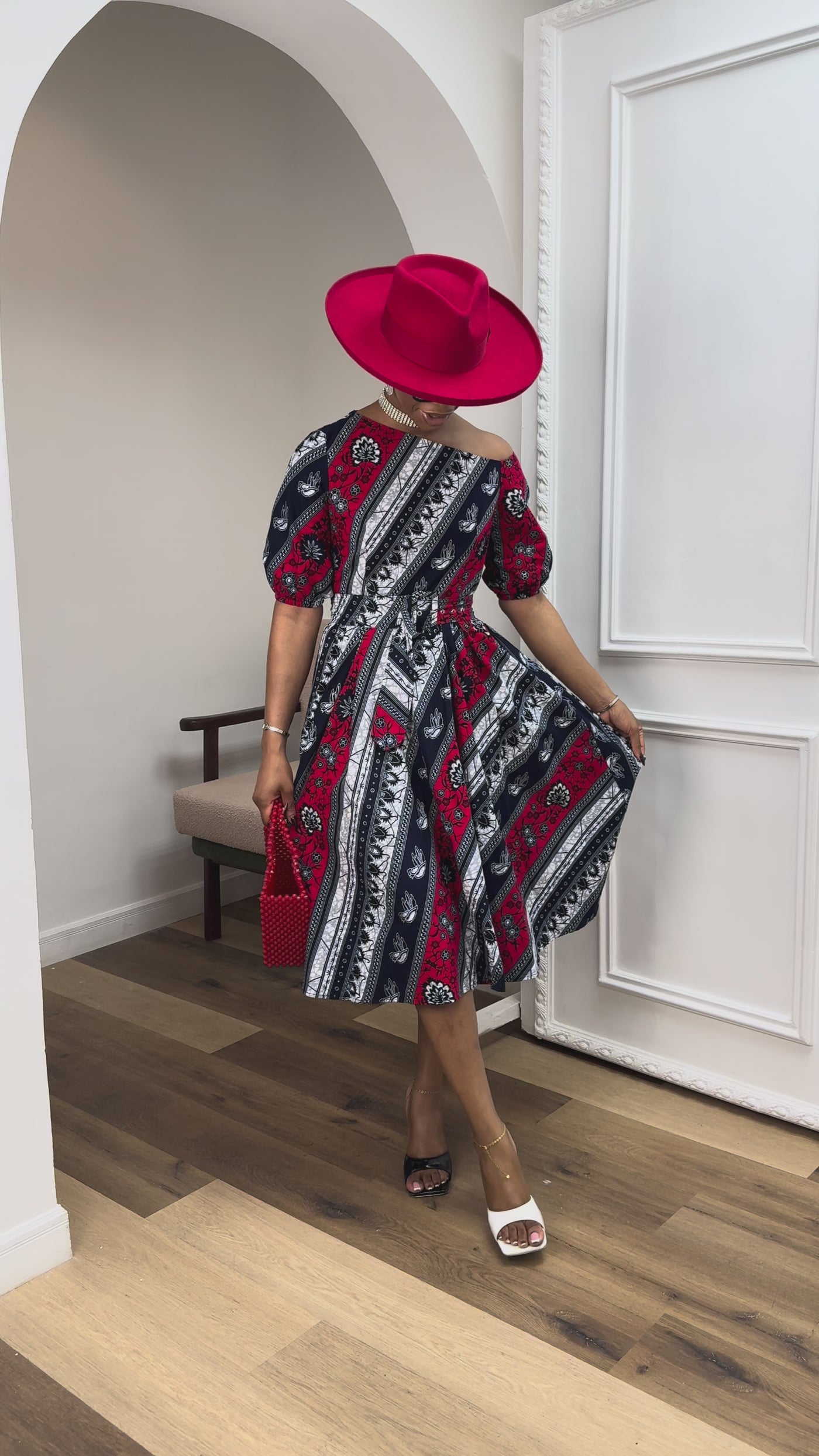 ROLU AFRICAN PRINT OFF SHOULDER DRESS [RED]