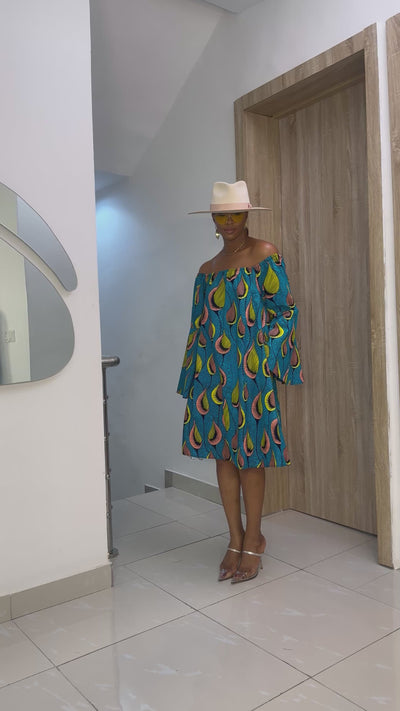 TIYE AFRICAN PRINT OFF SHOULDER DRESS [TEAL]