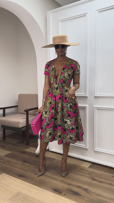 AYI AFRICAN PRINT ZIP MIDI DRESS [PINK]