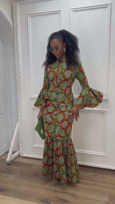 VIMBAI AFRICAN PRINT FLARE SLEEVE MAXI DRESS [MULTICOLOR]