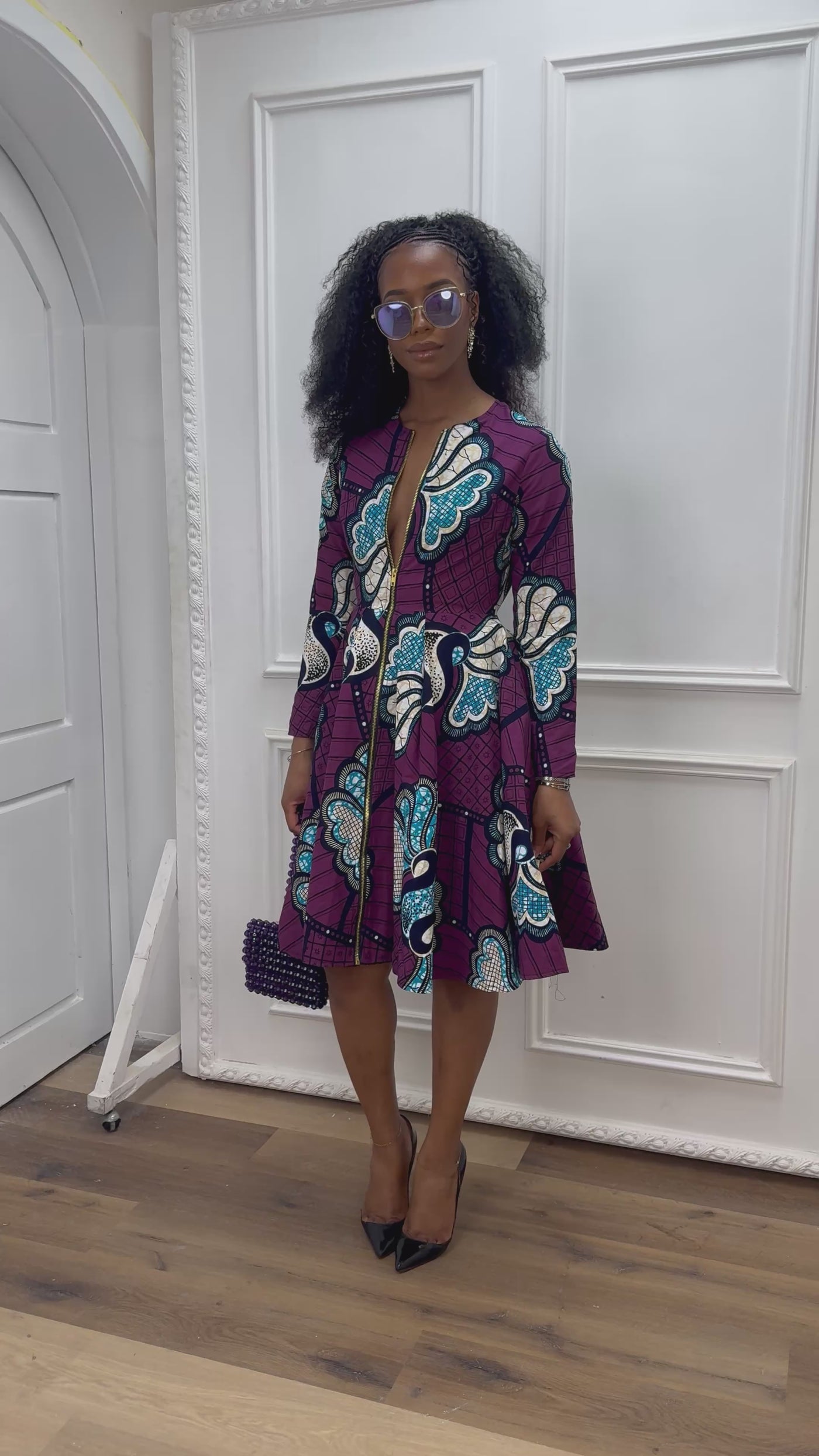 KEITA AFRICAN PRINT ZIP FRONT FLARE DRESS [PURPLE]