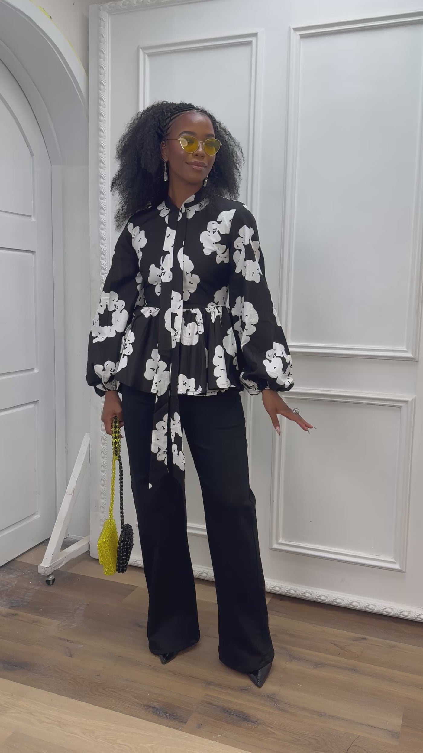 BIBI AFRICAN PRINT TIE NECK PEPLUM TOP [BLACK]