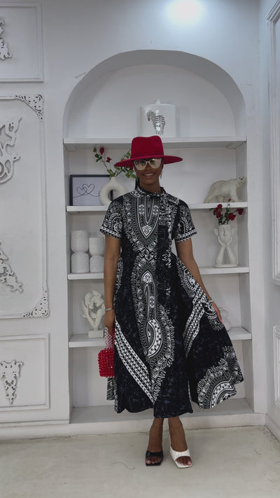ANGELINA AFRICAN PRINT TIE NECK MIDI DRESS [BLACK]