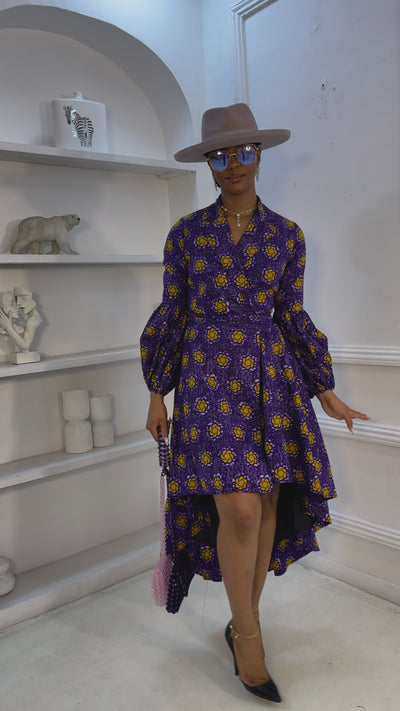 MOYO AFRICAN PRINT HI-LOW WRAP DRESS [PURPLE]