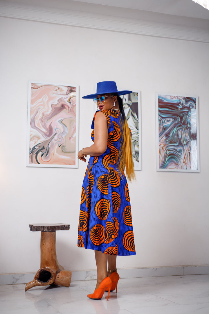 MINO AFRICAN PRINT MIDI DRESS [BLUE]