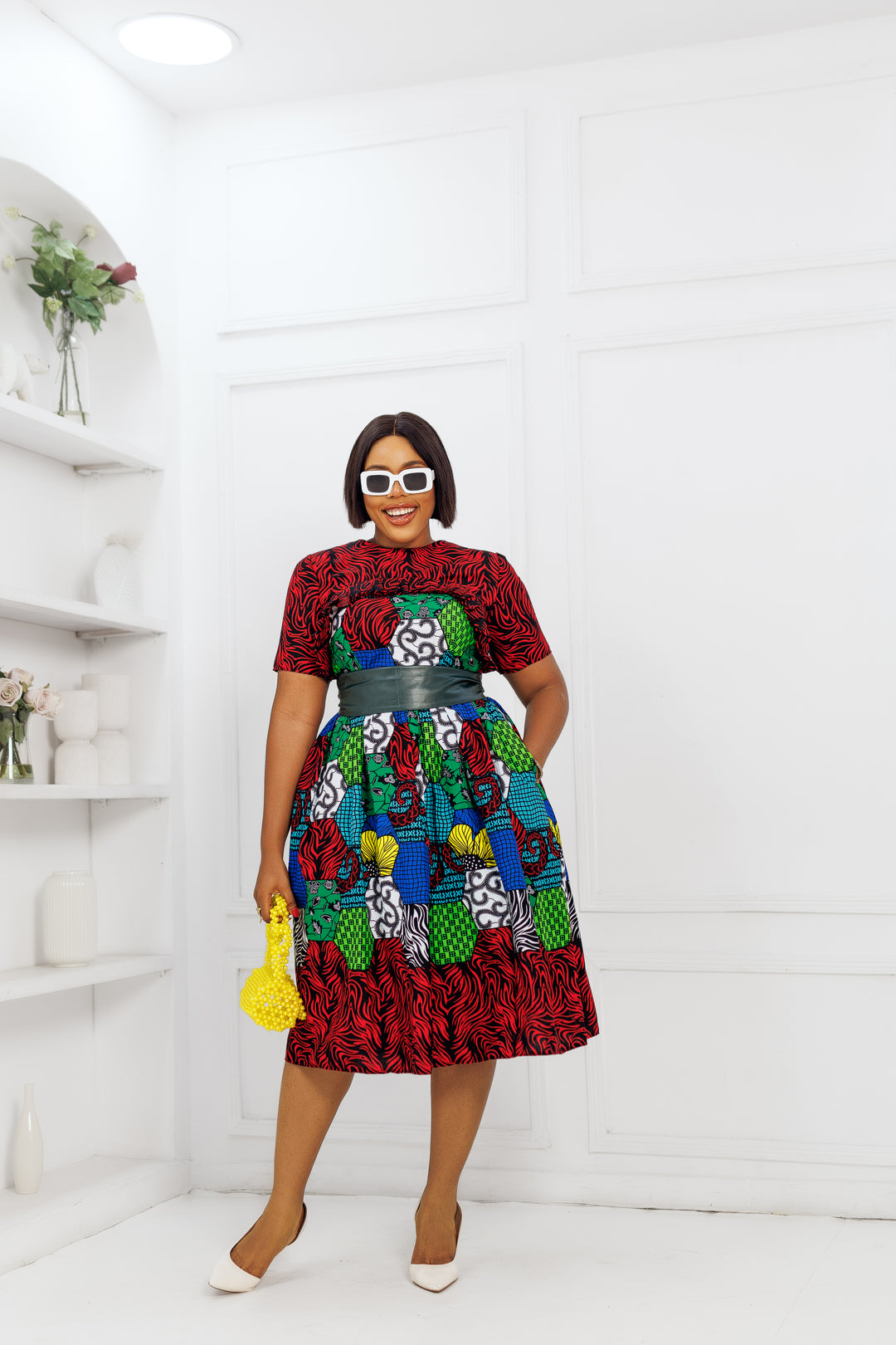 QUEEN AMANI AFRICAN PRINT MIDI DRESS [RED]